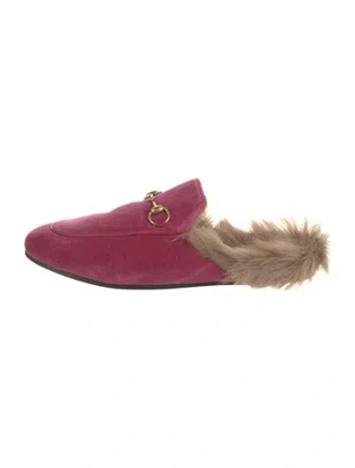 Pre-owned Gucci Velvet Fur Trim Mules In Pink