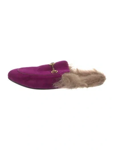 Pre-owned Gucci Velvet Fur Trim Mules In Purple