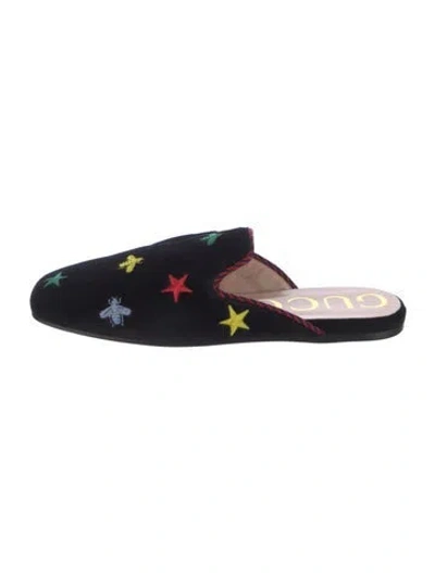 Pre-owned Gucci Velvet Graphic Print Mules In Black