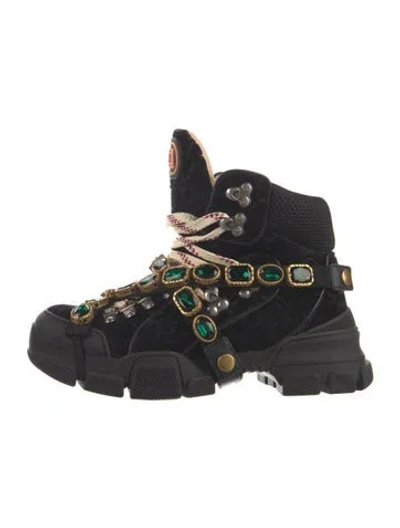 Pre-owned Gucci Velvet Patterned Wedge Sneakers In Black