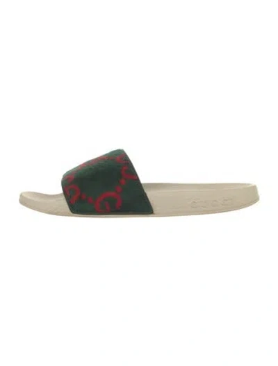 Pre-owned Gucci Velvet Printed Slides In Green