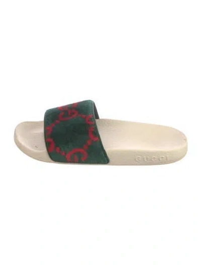 Pre-owned Gucci Velvet Printed Slides In Green
