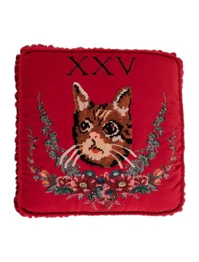 Pre-owned Gucci Velvet Xxv Needlepoint Cat Throw Pillow In Red