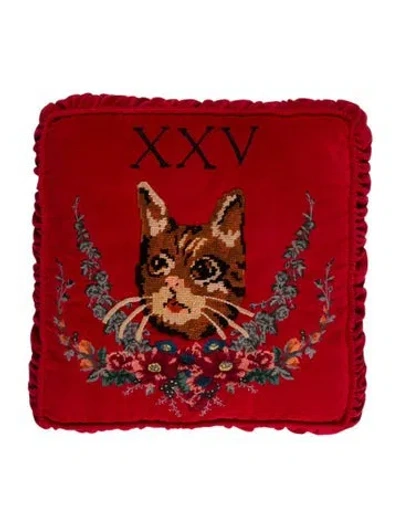 Pre-owned Gucci Velvet Xxv Needlepoint Cat Throw Pillow In Red