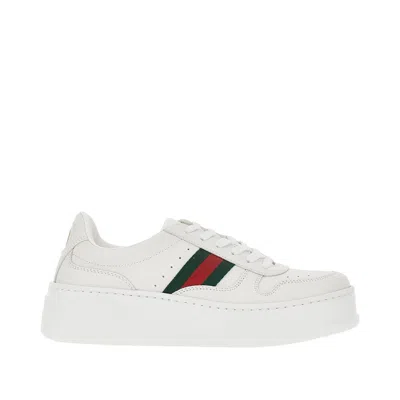 Gucci Women White Sneakers With Web Detail And Oversized Sole In Leather Woman