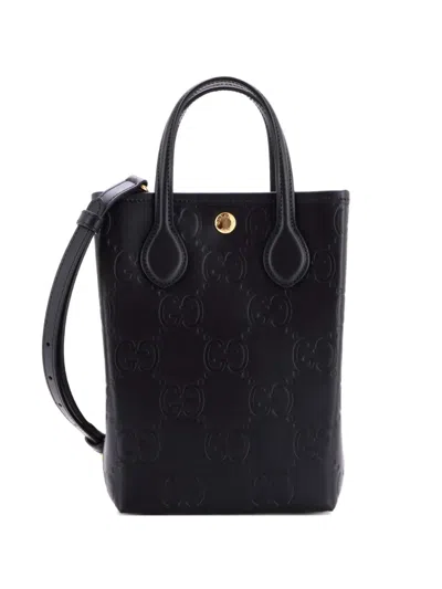 Pre-owned Gucci Vertical Gg Embossed Leather Mini Tote Bag In Black