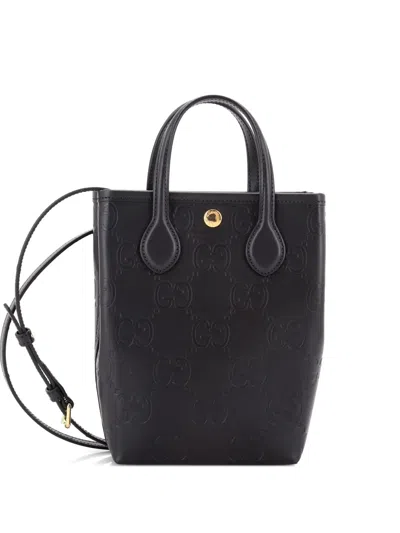 Pre-owned Gucci Vertical Gg Embossed Leather Mini Tote Bag In Black