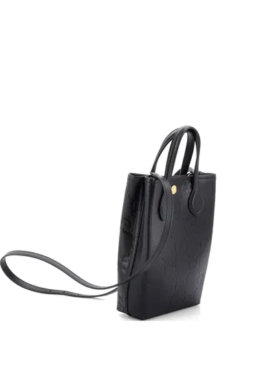 Pre-owned Gucci Vertical Gg Embossed Leather Mini Tote Bag In Black