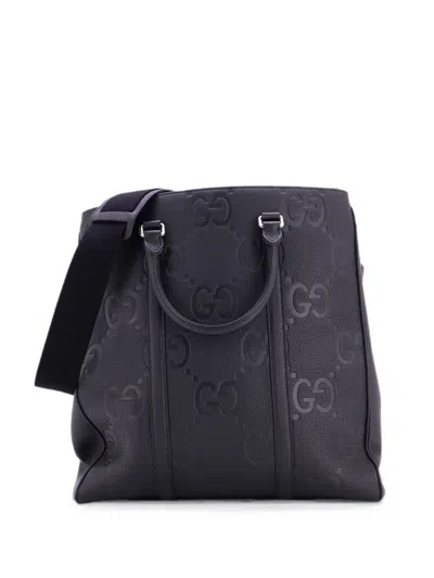 Pre-owned Gucci Vertical Structured Top Handle Open Tote Jumbo Gg Embossed Leather Medium Crossbody Bag In Black