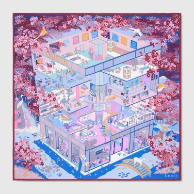 Gucci Printed Silk Twill Carré In Blue