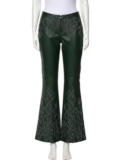 Pre-owned Gucci Vintage 1999 Embroidered Flared Leather Pants In Green