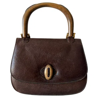 Pre-owned Gucci Vintage 70s Brown Leather Handbag Wood Handle Bag Rare