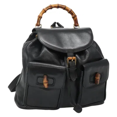 Pre-owned Gucci Vintage Bamboo Backpack Leather Black Leather Backpack Bag ()
