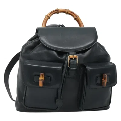Pre-owned Gucci Vintage Bamboo Backpack Leather Black Leather Backpack Bag ()