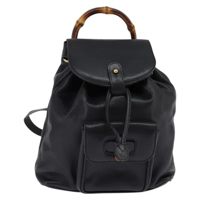 Pre-owned Gucci Vintage Bamboo Backpack Leather Black Leather Backpack Bag ()