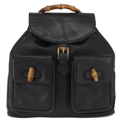 Pre-owned Gucci Vintage Bamboo Backpack Leather Black Leather Backpack Bag ()