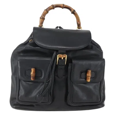 Pre-owned Gucci Vintage Bamboo Backpack Leather Black Leather Backpack Bag ()