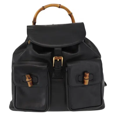 Pre-owned Gucci Vintage Bamboo Backpack Leather Black Leather Backpack Bag ()