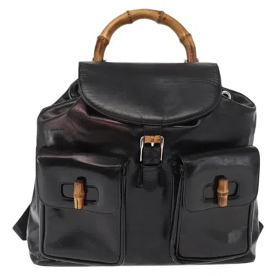 Pre-owned Gucci Vintage Bamboo Backpack Leather Black Leather Backpack Bag ()