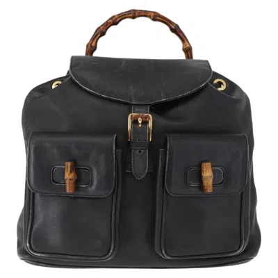 Pre-owned Gucci Vintage Bamboo Backpack Leather Black Leather Backpack Bag ()
