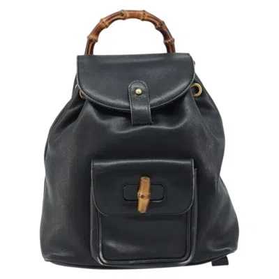 Pre-owned Gucci Vintage Bamboo Backpack Leather Black Leather Backpack Bag ()