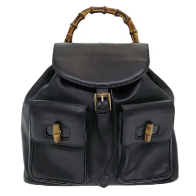 Pre-owned Gucci Vintage Bamboo Backpack Leather Black Leather Backpack Bag ()