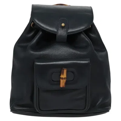 Pre-owned Gucci Vintage Bamboo Backpack Leather Black Leather Backpack Bag ()