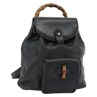 Pre-owned Gucci Vintage Bamboo Backpack Leather Black Leather Backpack Bag ()
