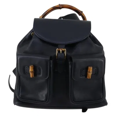 Pre-owned Gucci Vintage Bamboo Backpack Leather Navy Leather Backpack Bag () In Blue