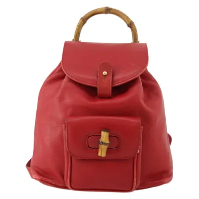 Pre-owned Gucci Vintage Bamboo Backpack Leather Red Leather Backpack Bag ()
