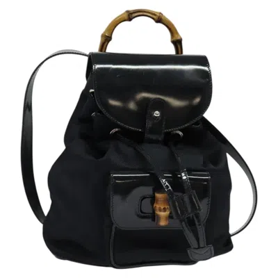 Pre-owned Gucci Vintage Bamboo Backpack Nylon And Patent Leather Black Nylon Backpack Bag ()