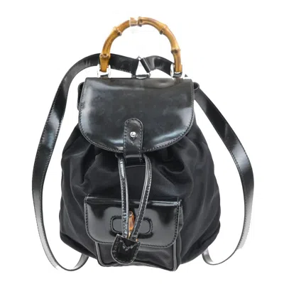 Pre-owned Gucci Vintage Bamboo Backpack Nylon And Patent Leather Black Nylon Backpack Bag ()