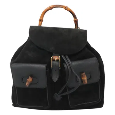Pre-owned Gucci Vintage Bamboo Backpack Suede And Leather Black Suede Backpack Bag ()