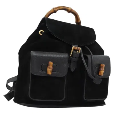 Pre-owned Gucci Vintage Bamboo Backpack Suede Black Suede Backpack Bag ()