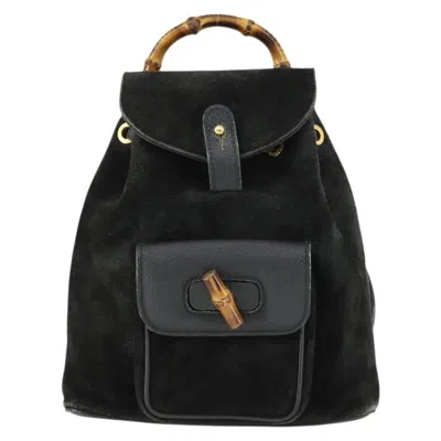 Pre-owned Gucci Vintage Bamboo Backpack Suede Black Suede Backpack Bag ()