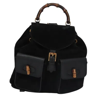Pre-owned Gucci Vintage Bamboo Backpack Suede Black Suede Backpack Bag ()