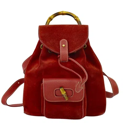 Pre-owned Gucci Vintage Bamboo Backpack Suede Red Suede Backpack Bag ()