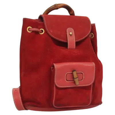 Pre-owned Gucci Vintage Bamboo Backpack Suede Red Suede Backpack Bag ()