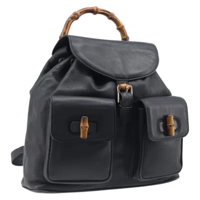 Pre-owned Gucci Vintage Bamboo Leather Black Leather Backpack Bag ()