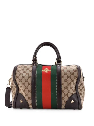 Pre-owned Gucci Vintage Bee Web Boston Bag Gg Canvas Medium Satchel In Brown