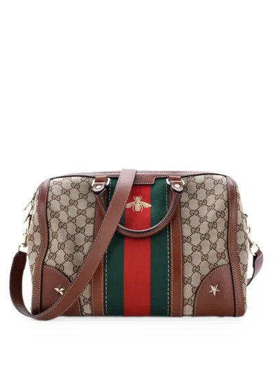 Pre-owned Gucci Vintage Bee Web Boston Bag Gg Canvas Medium Satchel In Brown