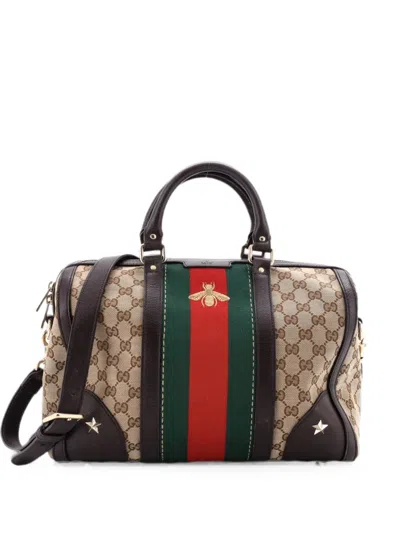 Pre-owned Gucci Vintage Bee Web Boston Bag Gg Canvas Medium Satchel In Brown