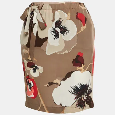 Pre-owned Gucci Vintage Beige Floral Print Silk Crepe Skirt Xs In Sand