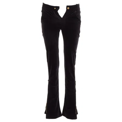 Pre-owned Gucci Vintage Black Velour Gg Interlock Logo Side Pocket Zip Flare Pants Xs