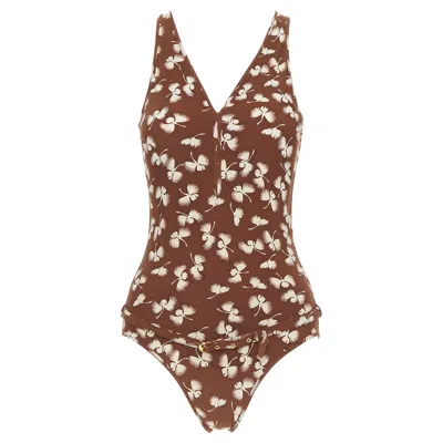 Pre-owned Gucci Vintage Brown Cream Floral Print Belted One Piece Swimsuit In White