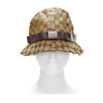 Pre-owned Gucci Vintage Brown Gg Monogram Leather Trim Bucket Hat L