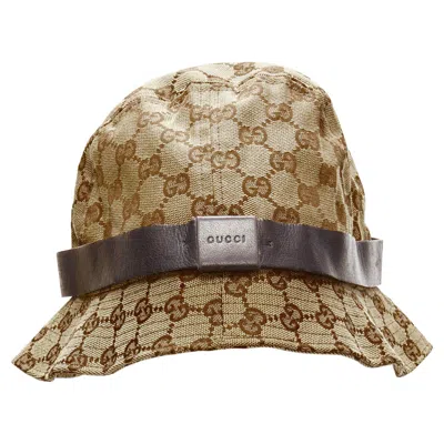 Pre-owned Gucci Vintage Brown Gg Monogram Leather Trim Bucket Hat L