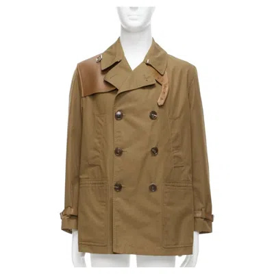 Pre-owned Gucci Vintage Brown Leather Trimmed Cotton Wool Blend Lined Trench Coat It48 M