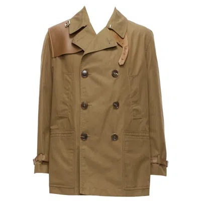 Pre-owned Gucci Vintage Brown Leather Trimmed Cotton Wool Blend Lined Trench Coat It48 M