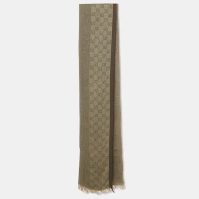 Pre-owned Gucci Vintage Brown Wool & Silk Logo Strip Detail Scarf